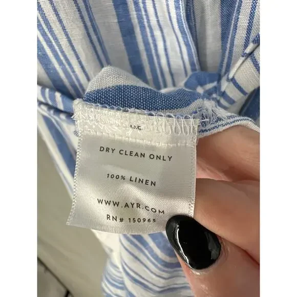 AYR Dress Womens XS Blue Striped Maxi Linen Button Tie Front Pockets Coastal - Picture 4 of 8